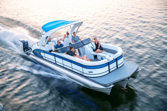 blue pontoon boat with six people on it