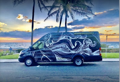 Cute van in the sunset headed to a beer tasting