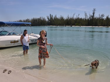 Dog and two people playing Keewaydin Island 