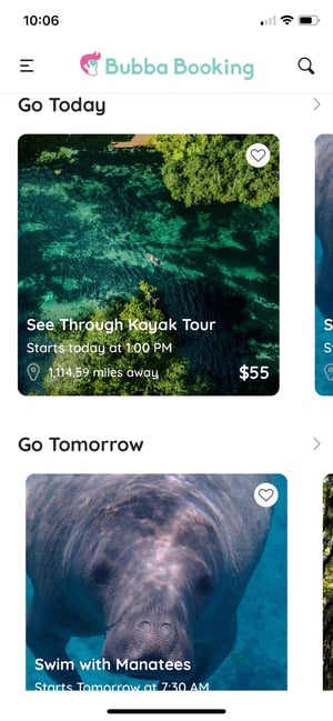 Bubba Booking app homepage