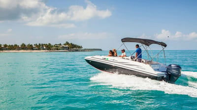 black and white boat in sarasota on the water