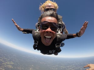 close up of two men skydiving