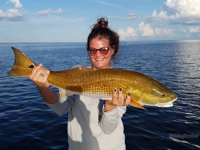 girl holding a large green fish