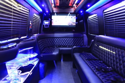 inside of party bus with neon lights