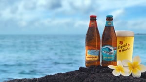 three beers on a lava rock looking over the ocean