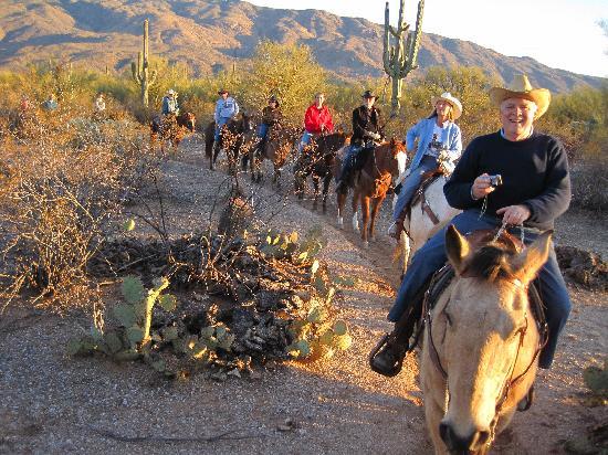 7 people riding horses through the dessert