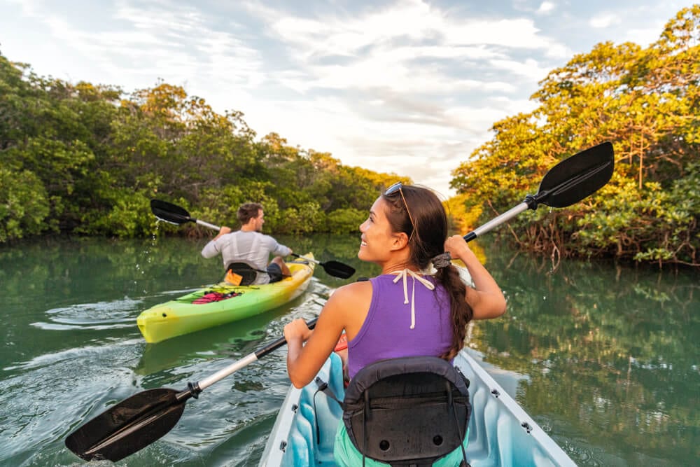 Two people kayaking in the mangroves in Key West